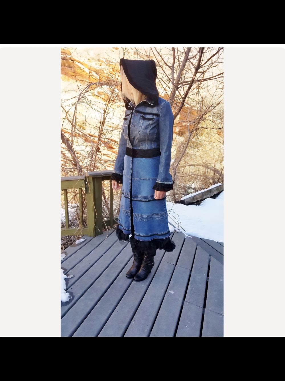 Long Blue Jean Jacket Duster Handcrafted Witchy Victorian